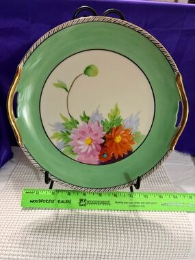 Hand-Painted Floral Serving Plate in Green and White with Gold Handles